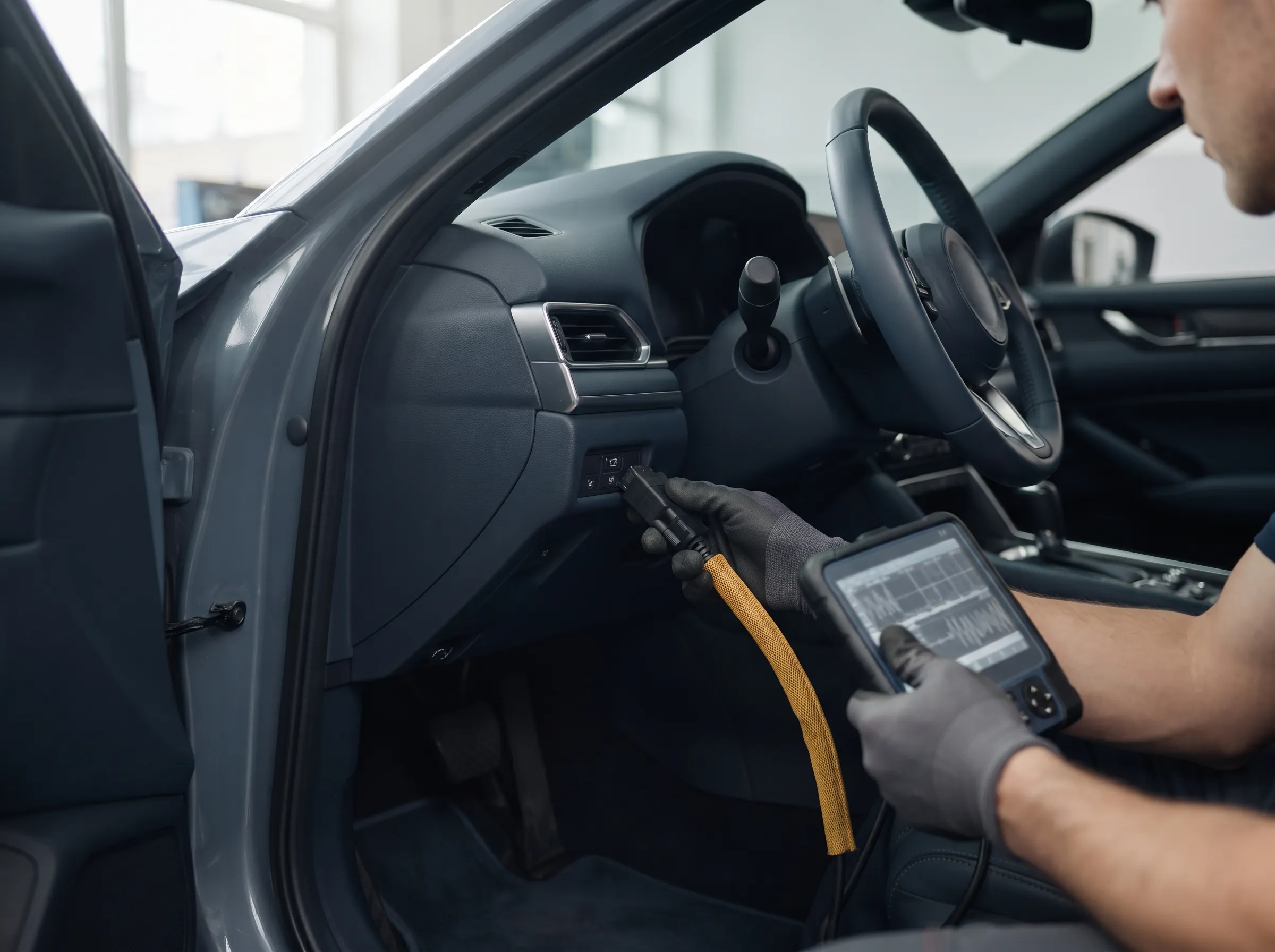 Technik pripája diagnostický prístroj ku konektoru pod palubnou doskou