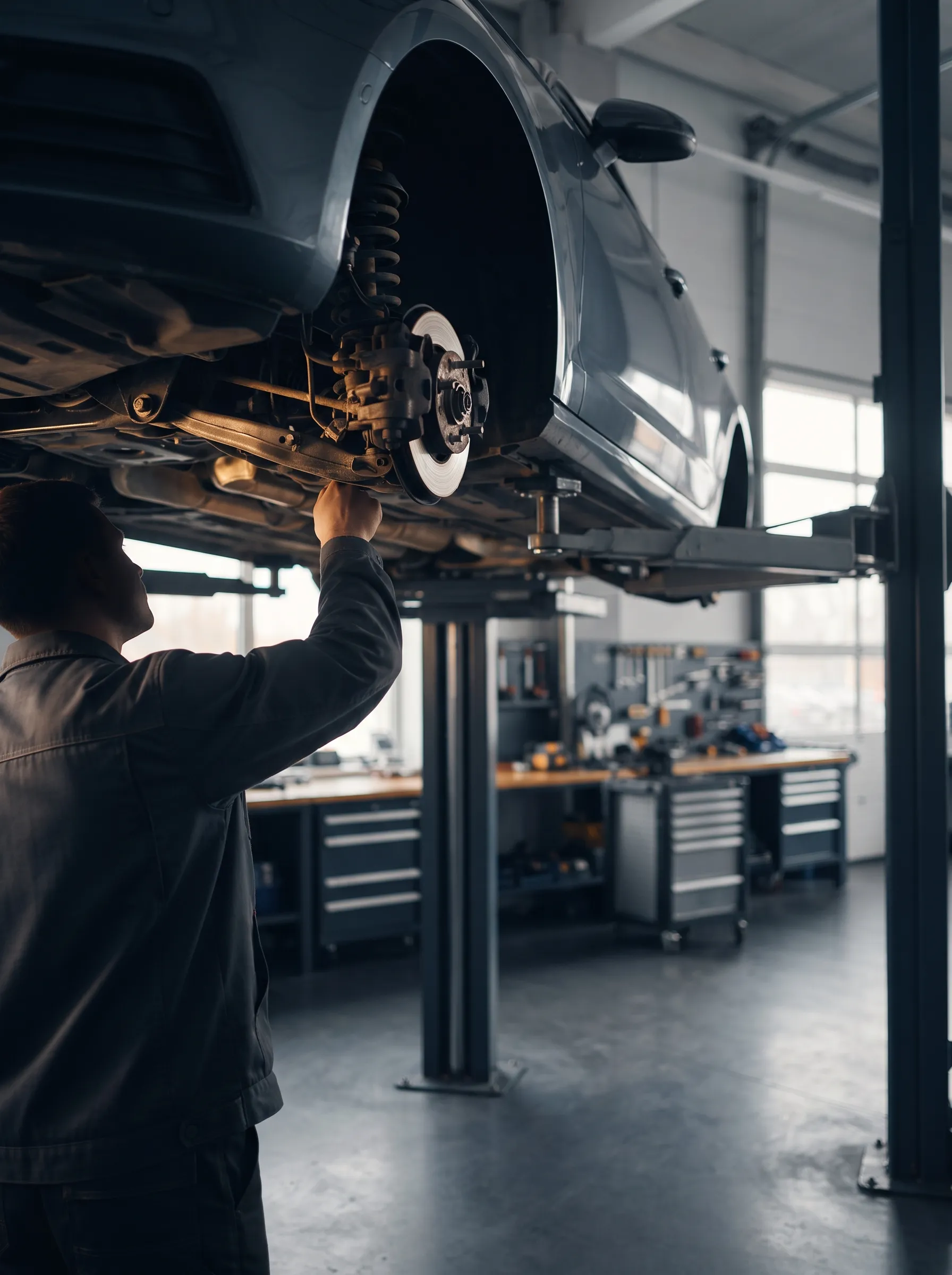 Mechanik kontroluje podvozok zdvihnutého osobného auta v dielni