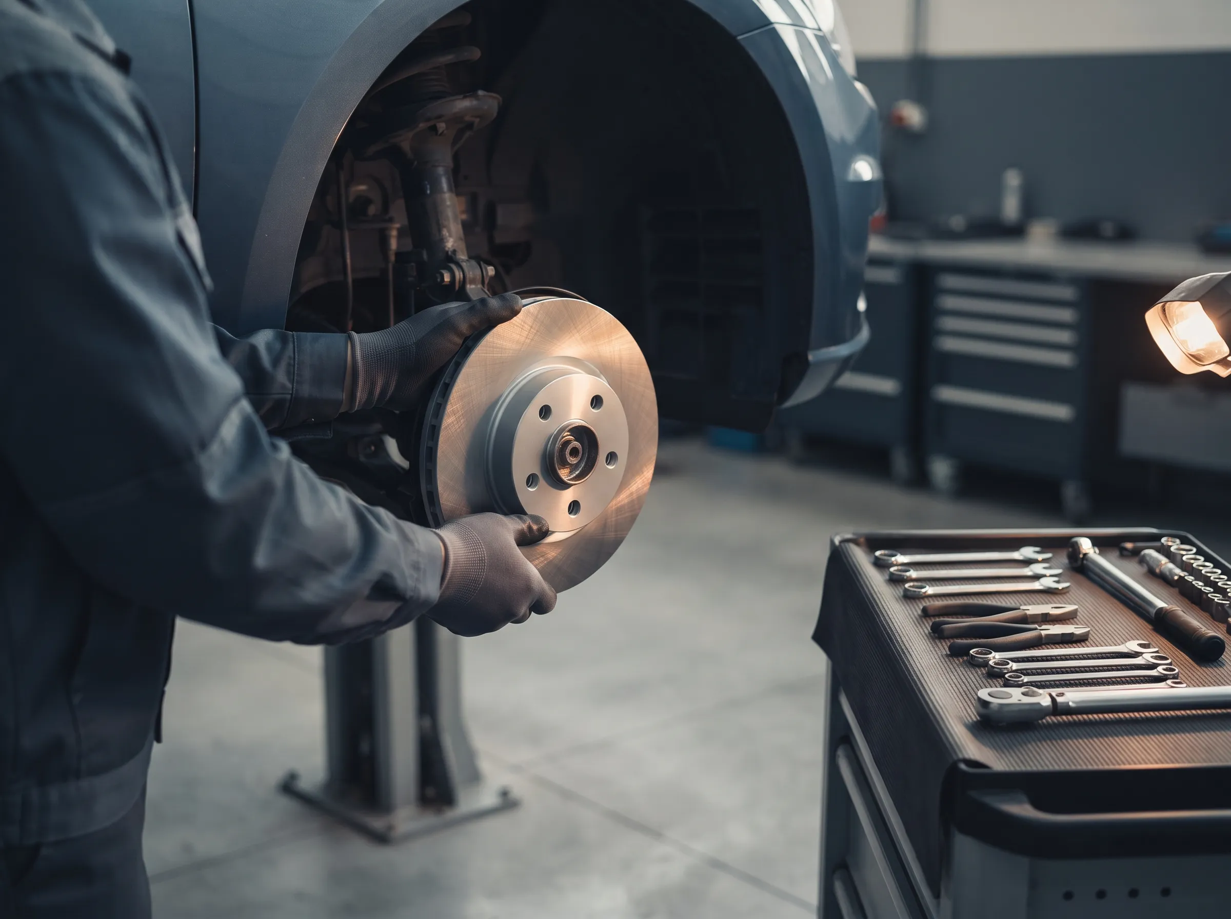 Mechanik vymieňa brzdový kotúč na zdvihnutom aute
